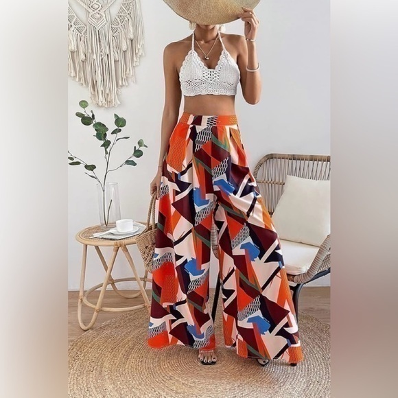 Rutat Geo Print Wide Flare Leg Multi Colored Side Zip Up Boho Retro Pants Small
